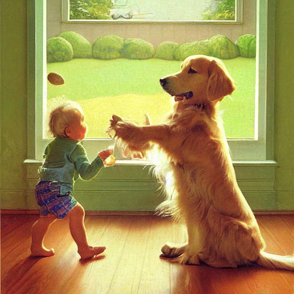 Golden Retriever Brincando com um bebê - Estilo Norman Rockwell 1