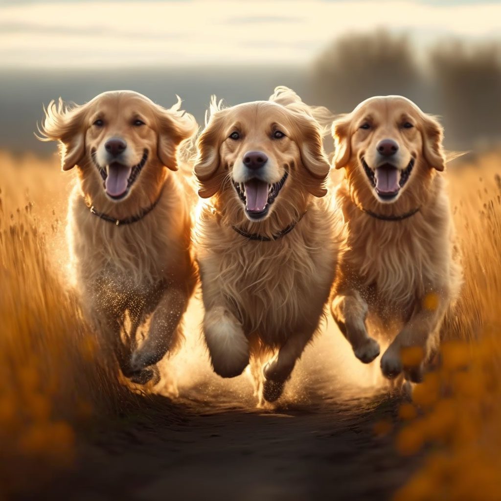 Trio de Golden Retrievers Correndo Felizes ao Ar Livre