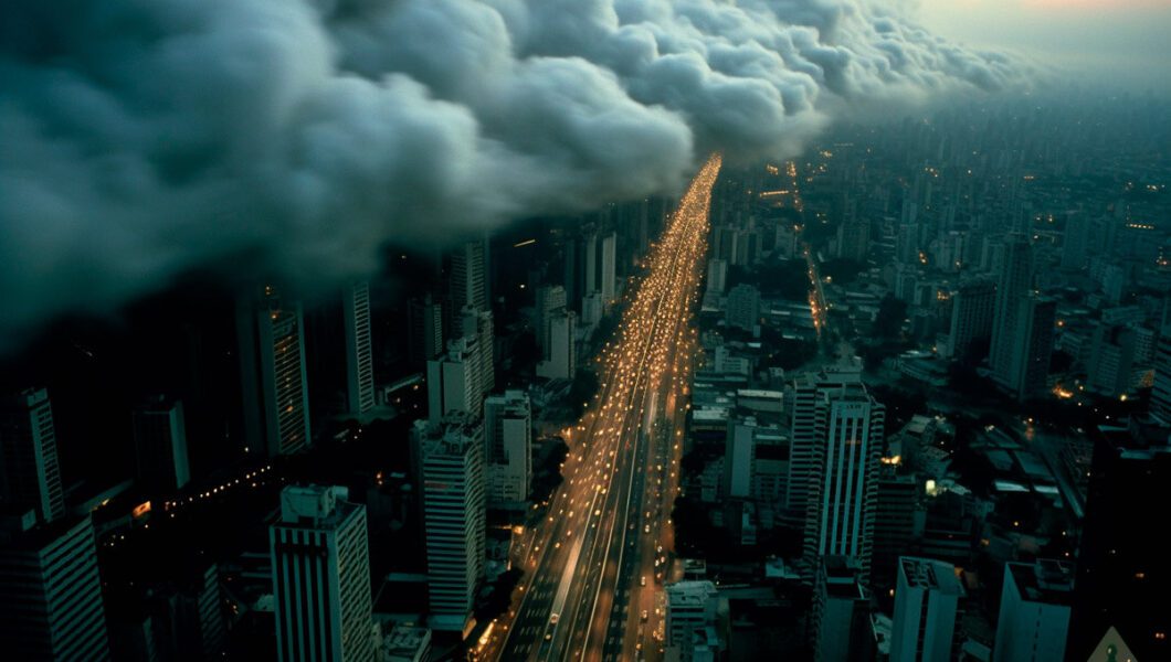 cidade vista de cima com nuvens
