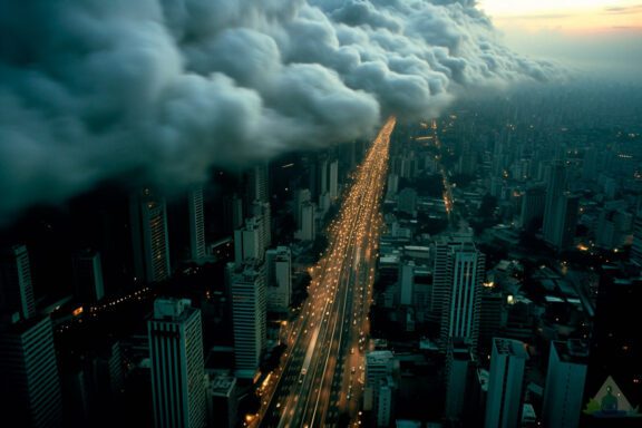 cidade vista de cima com nuvens